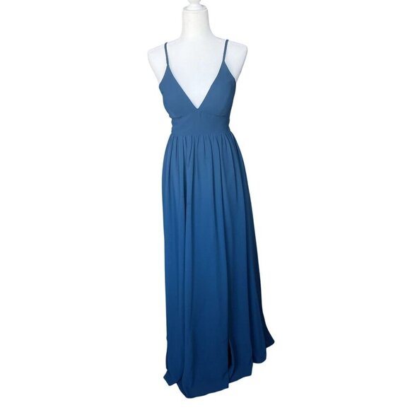 Azazie Aaida Dress Size 4 A-Line Chiffon Lace Up Ink Blue Bridesmaid Dress Maxi - Picture 2 of 10